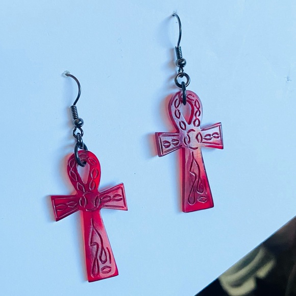 Egyptian Ankh Red Cross Earrings - Picture 3 of 7